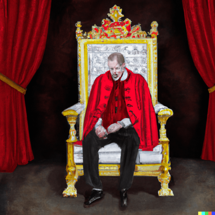 DALL·E 2022-11-14 22.04.06 - realistic painting of a depressed monarch sitting on a throne sad in red-min.png