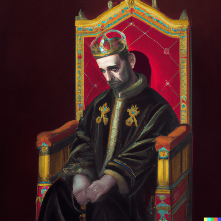 DALL·E 2022-11-14 22.13.32 - realistic painting of a depressed monarch sitting on a throne with his head down on dark red background -min.png