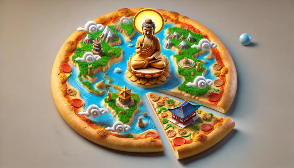 DALL·E 2024-06-13 21.56.30 - A 3D illustration of a pizza designed to look like Earth with a Buddhist theme. The pizza toppings form continents, oceans, and clouds. One slice of t.png